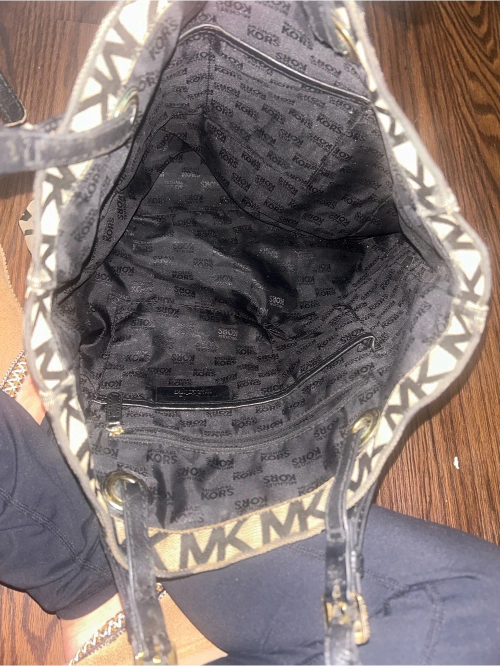 Michael Kors Brown and Beige MK Logo Tote with Black Straps, used